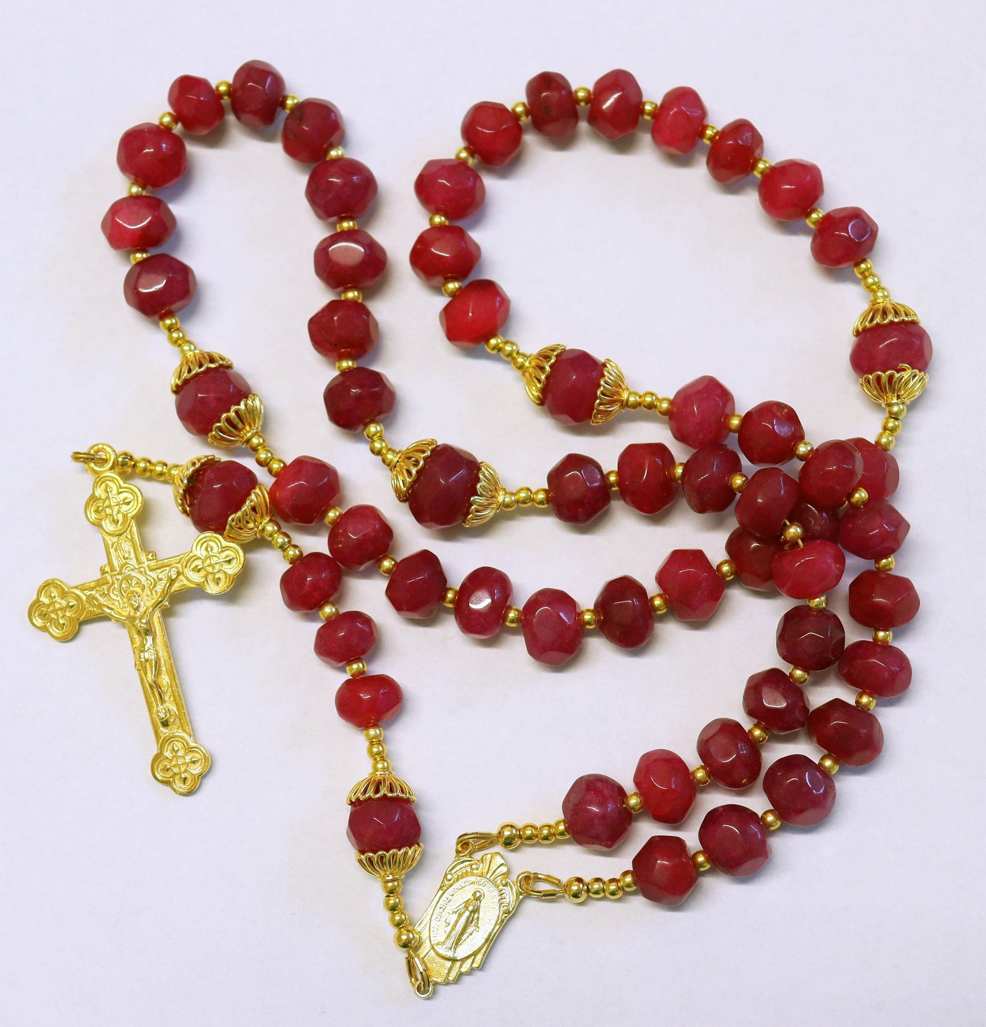 Catholic Rosary Genuine Faceted Ruby And Vermeil