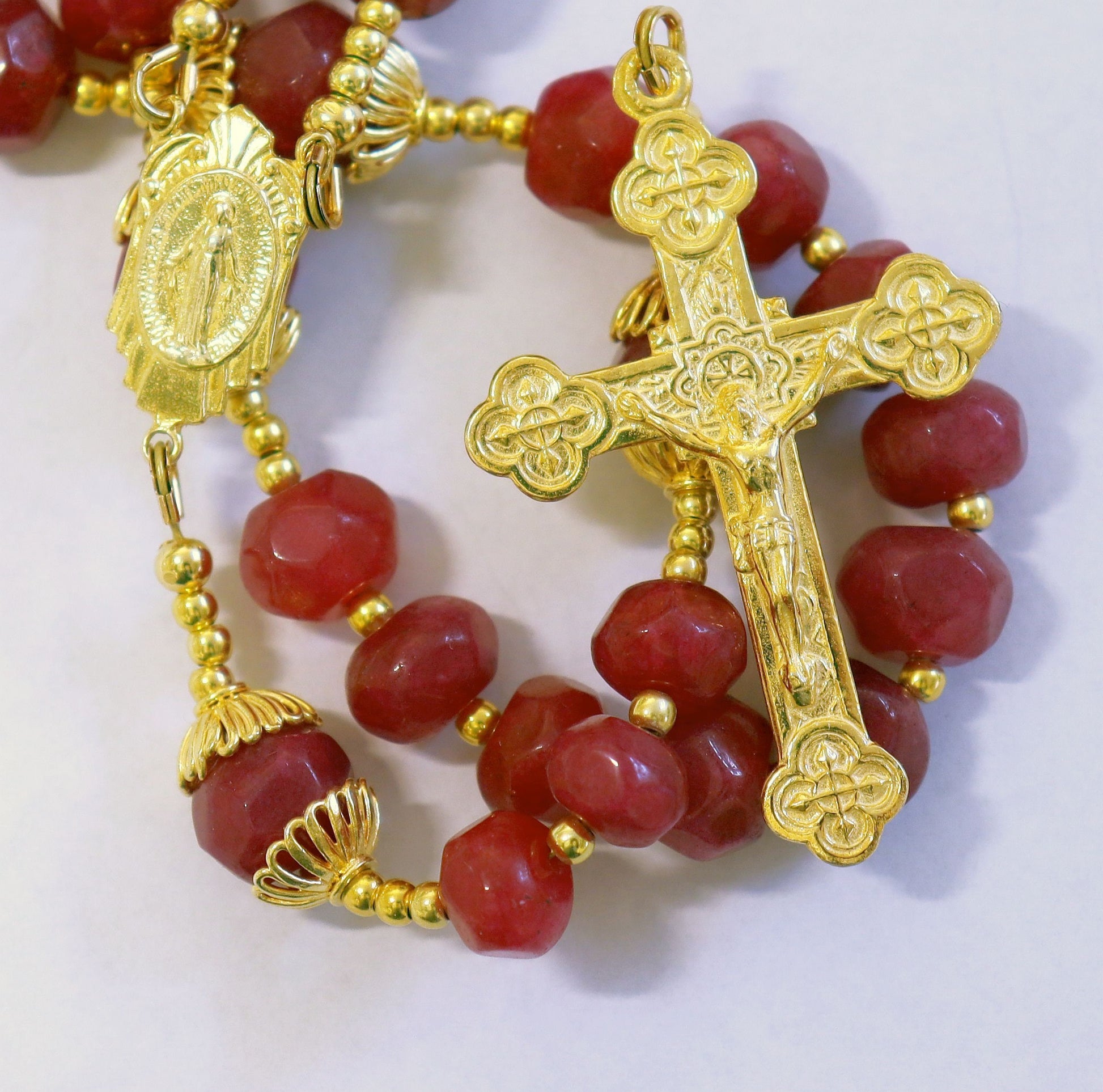 Catholic Rosary Genuine Faceted Ruby And Vermeil