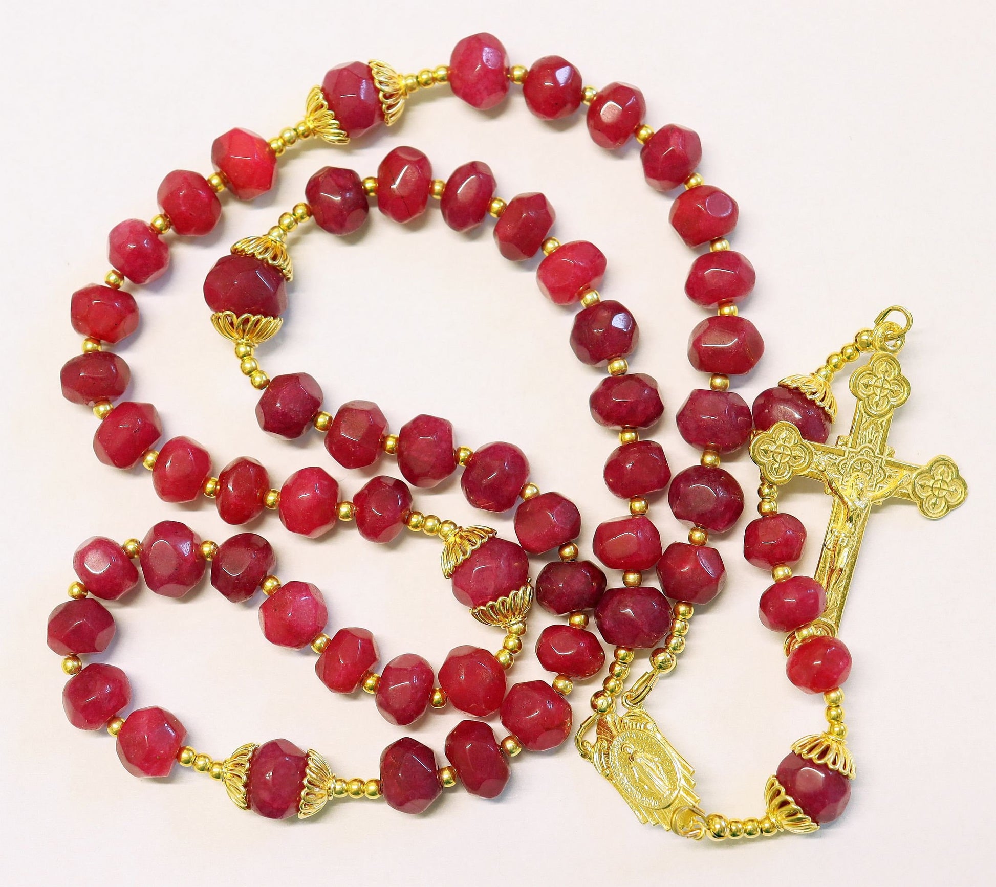 Catholic Rosary Genuine Faceted Ruby And Vermeil