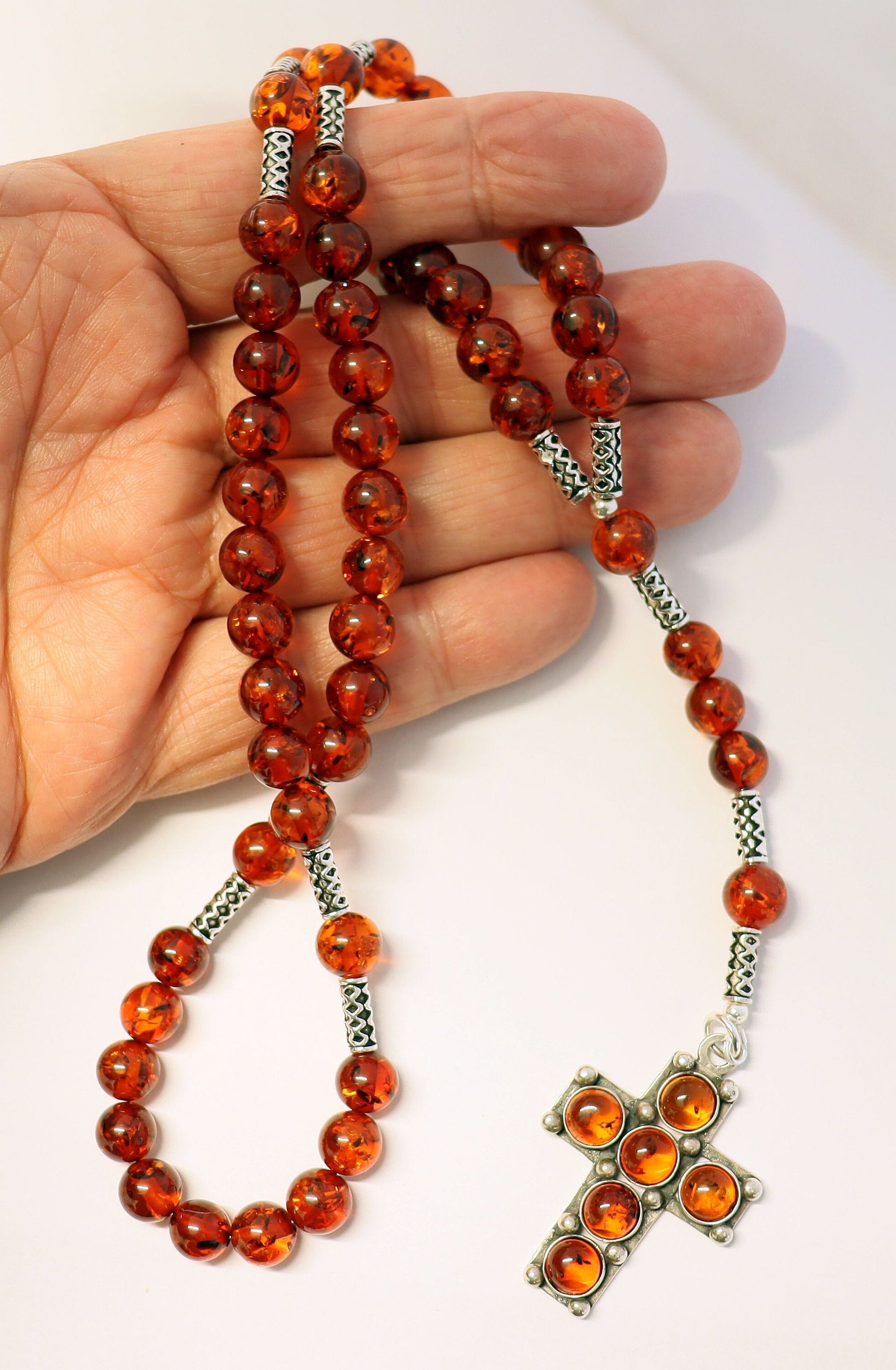 Catholic Rosary Prayer Beads Genuine Baltic Large Amber Beads & Sterling