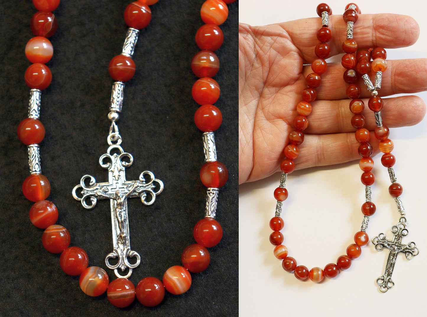 Hand Made Catholic Rosary Rosenkranz Chapelet Red Banded Agate & Sterling Silver