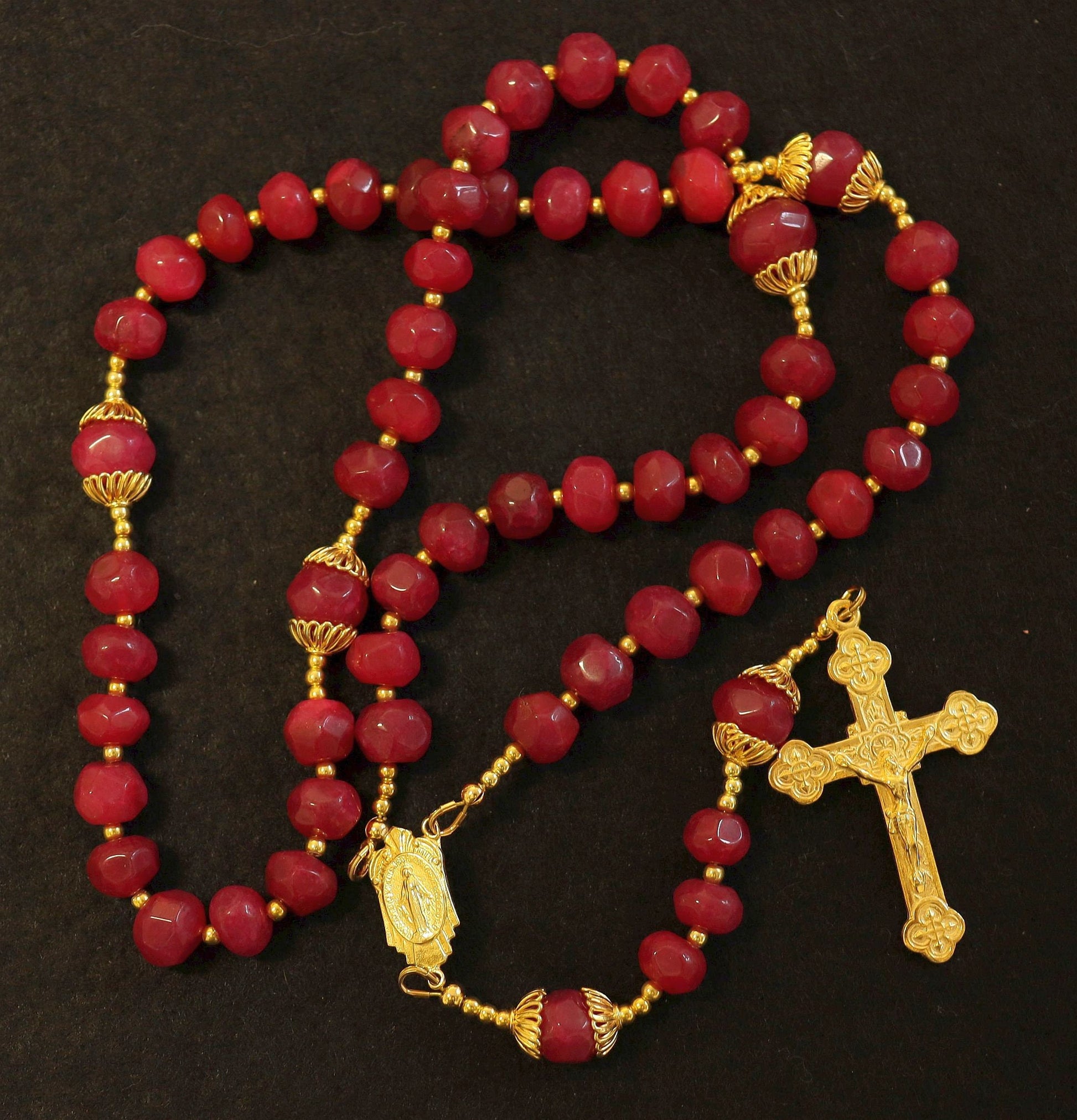 Catholic Rosary Genuine Faceted Ruby And Vermeil