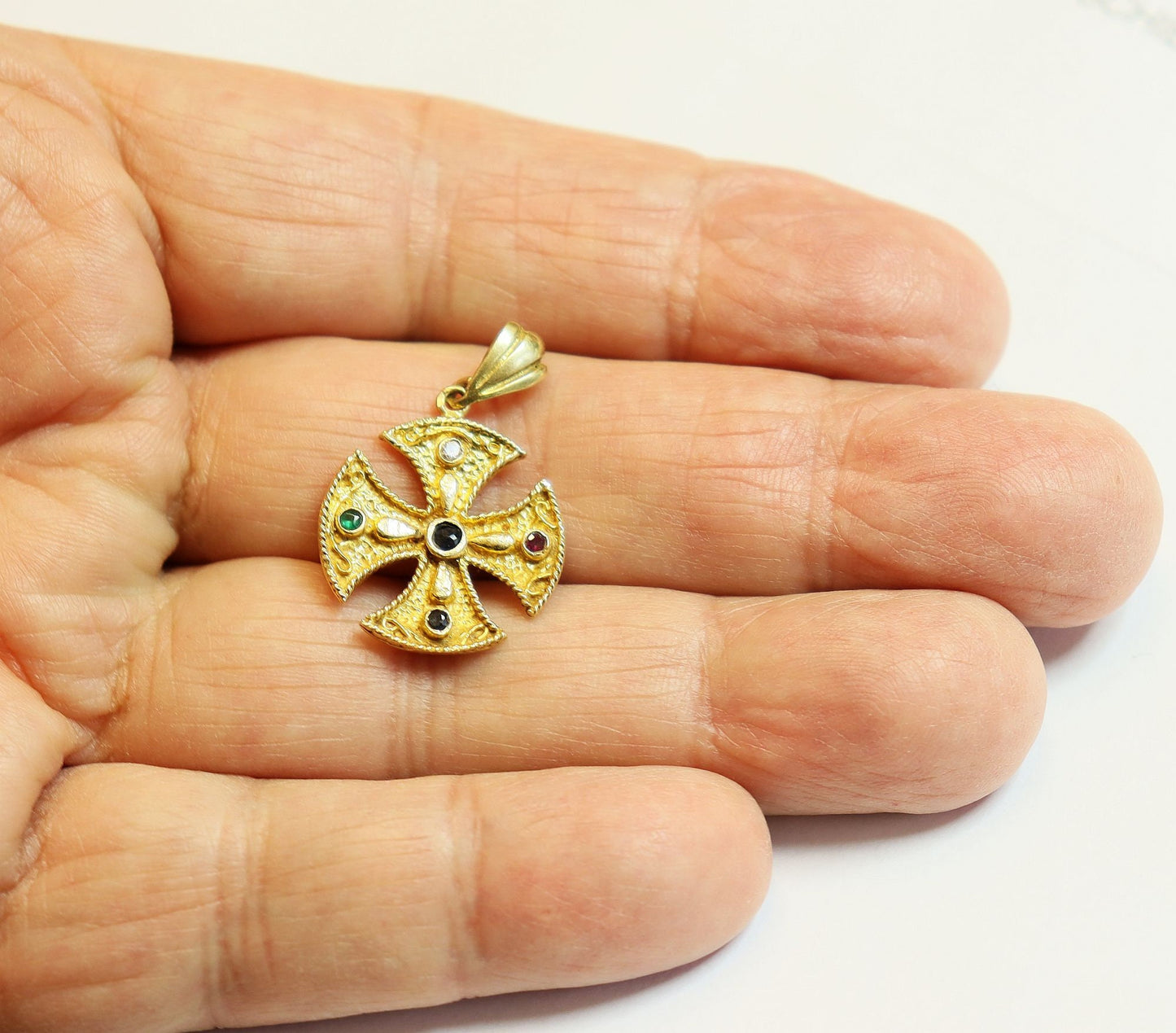 14 K. Gold Malta Cross Pendant Medal Studded w Ruby, Diamond, Sapphire and Emerald. Handmade Jewelry 1950's