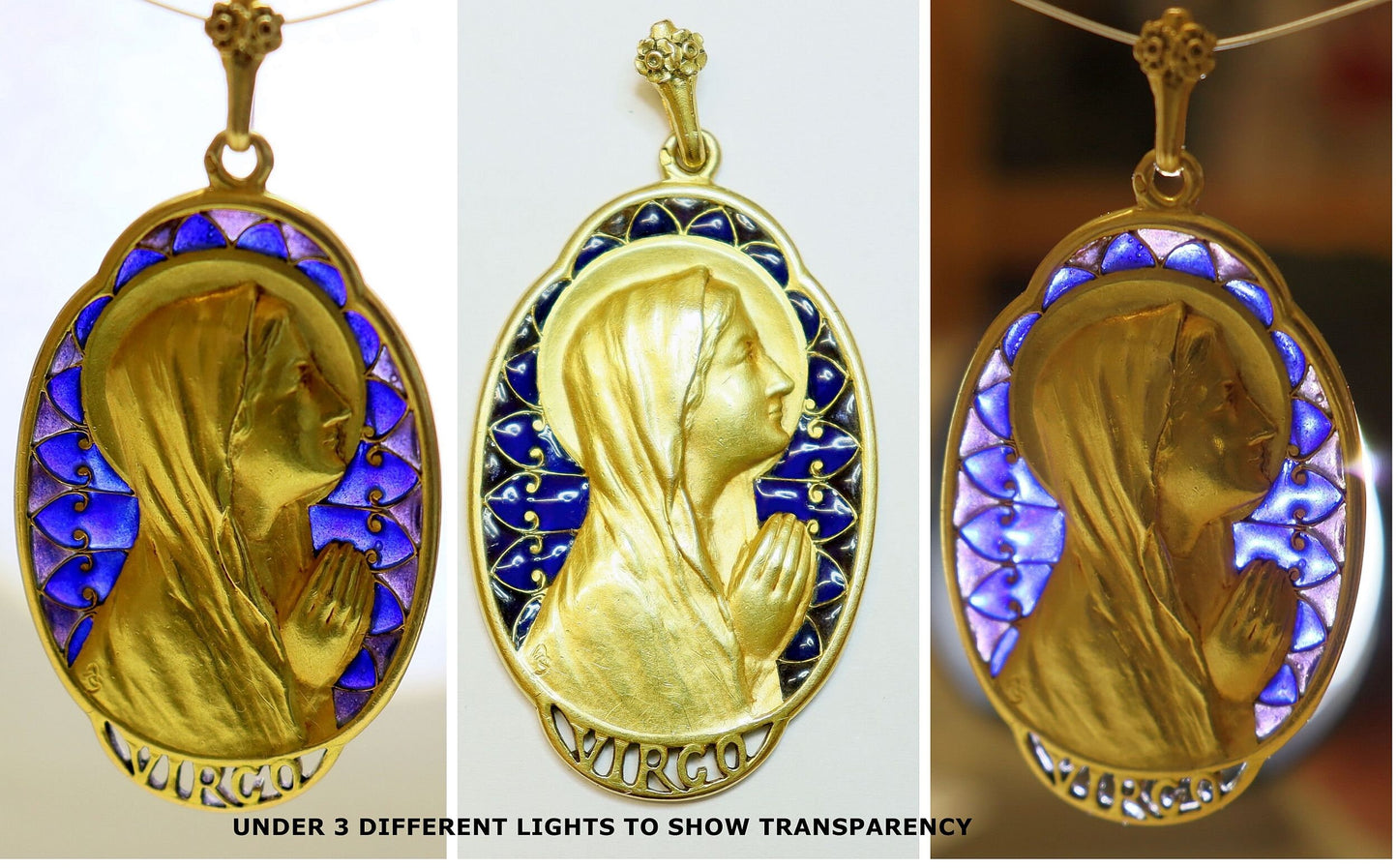 DD 1918 Highly Exceptional 18 K Gold Plique-à-Jour Virgin Mary Medal 19.07 Grams High Relief Largest and Heaviest on the Net