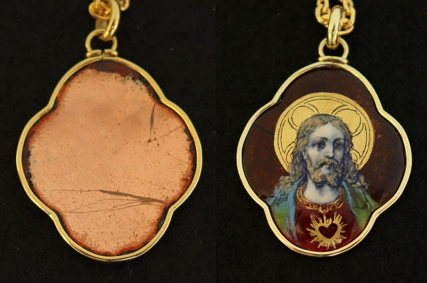 19th Cent. Sacred Heart of Jesus Medallion Hand Painted Limoges Enamel Medalion 18 K. Gold Frame. XXR