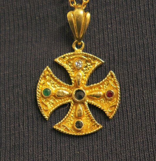 14 K. Gold Malta Cross Pendant Medal Studded w Ruby, Diamond, Sapphire and Emerald. Handmade Jewelry 1950's