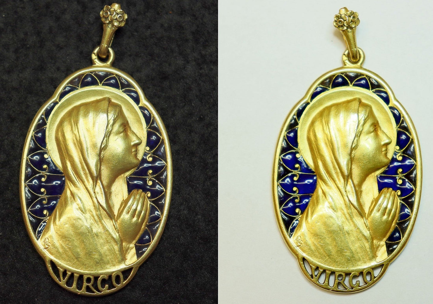 DD 1918 Highly Exceptional 18 K Gold Plique-à-Jour Virgin Mary Medal 19.07 Grams High Relief Largest and Heaviest on the Net