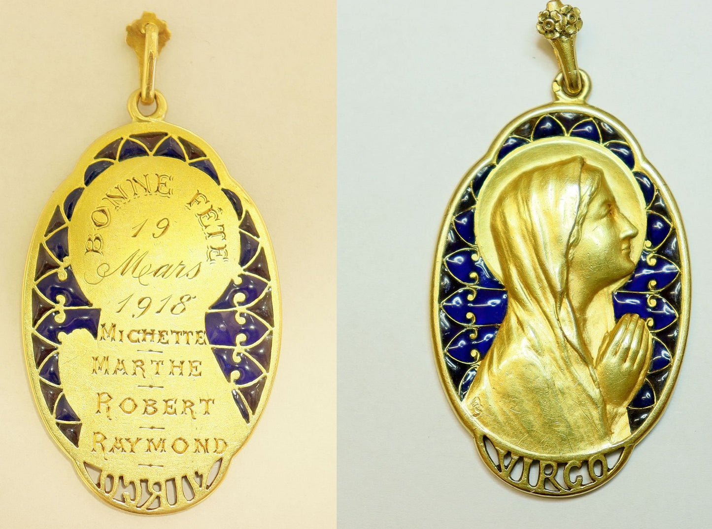 DD 1918 Highly Exceptional 18 K Gold Plique-à-Jour Virgin Mary Medal 19.07 Grams High Relief Largest and Heaviest on the Net