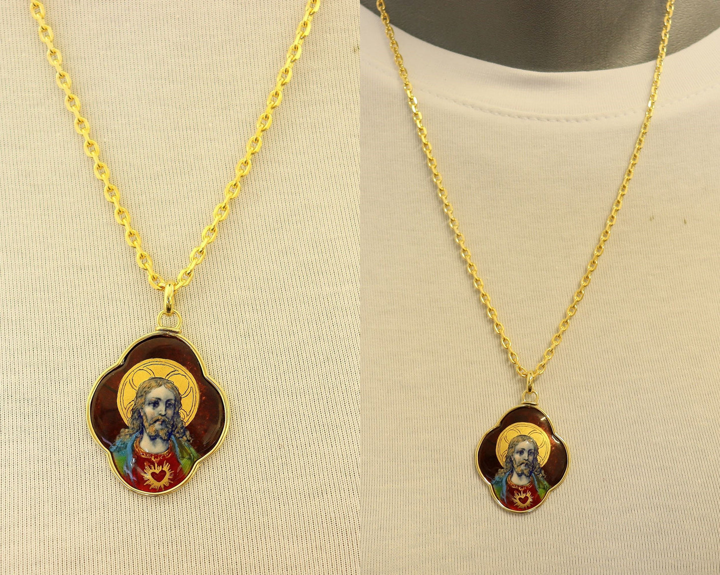 19th Cent. Sacred Heart of Jesus Medallion Hand Painted Limoges Enamel Medalion 18 K. Gold Frame. XXR