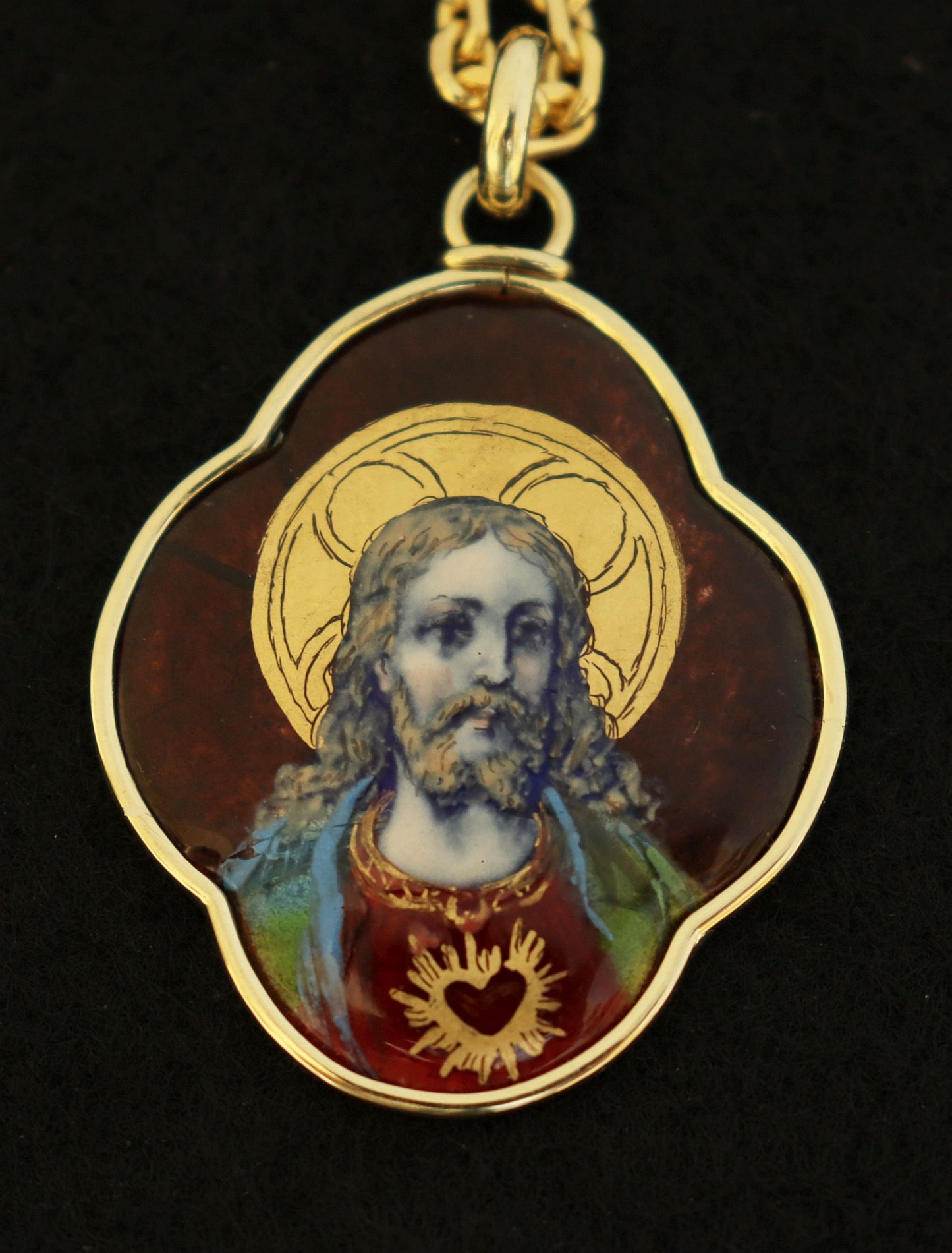 19th Cent. Sacred Heart of Jesus Medallion Hand Painted Limoges Enamel Medalion 18 K. Gold Frame. XXR