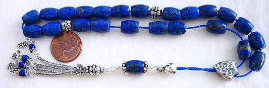 Greek Komboloi Worry Beads Exceptional Barrel LAPIS LAZULI and Sterling Silver- Collector's