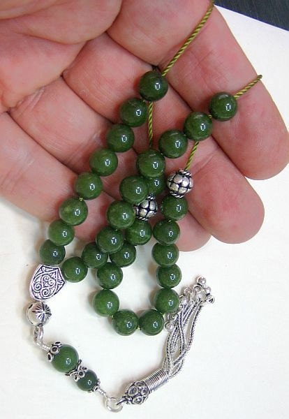 Worry Beads Greek Komboloi Deep Green jade and Sterling Silver