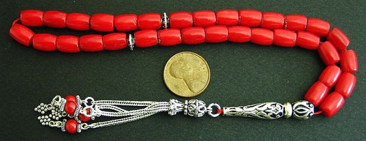 Luxury Prayer Worry Beads Tesbih RED CORAL Barrel Beads and Sterling Silver -