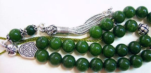 Worry Beads Greek Komboloi Deep Green jade and Sterling Silver