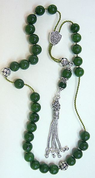 Worry Beads Greek Komboloi Deep Green jade and Sterling Silver