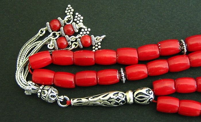 Luxury Prayer Worry Beads Tesbih RED CORAL Barrel Beads and Sterling Silver -