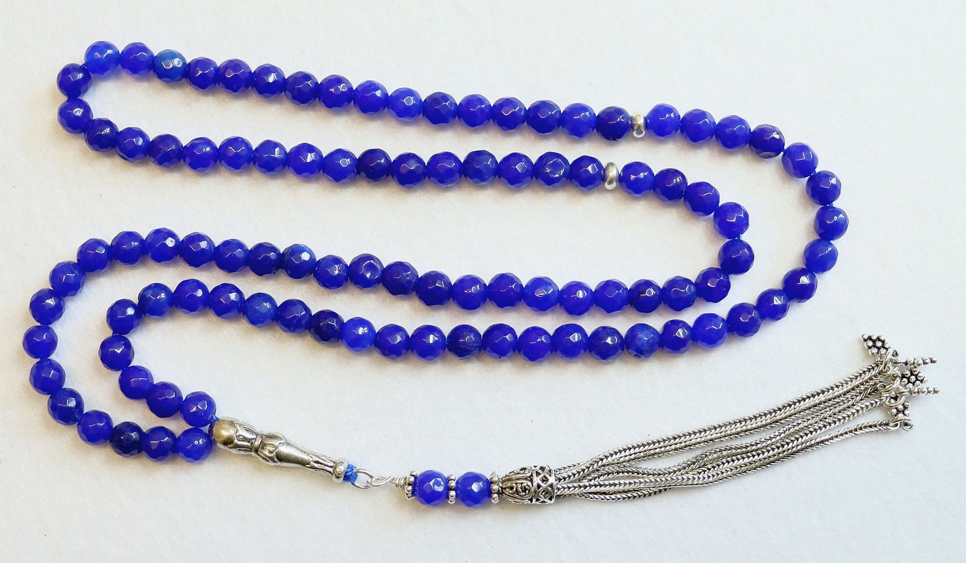 Islamic Prayer Beads Tesbih Rosary Gebetskette Genuine Faceted Sapphire & Sterling Silver-99 Beads - Zikr Tesbih