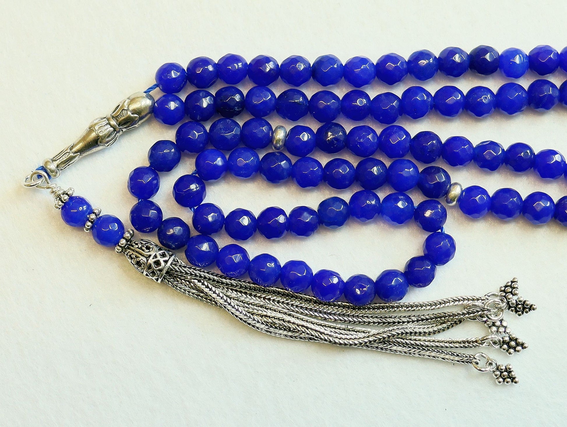 Islamic Prayer Beads Tesbih Rosary Gebetskette Genuine Faceted Sapphire & Sterling Silver-99 Beads - Zikr Tesbih