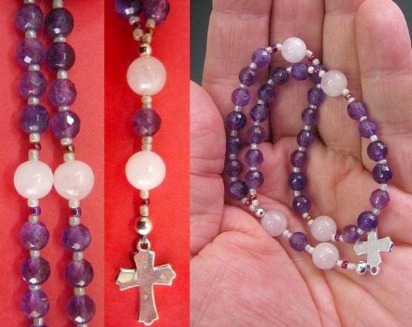 MINI Anglican Episcopal Rosary Prayer Beads Faceted Amethyst, Pink Quartz and Sterling Silver