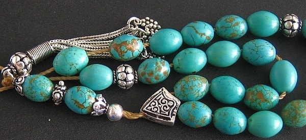 Greek Komboloi Worry Beads Teal with Gold Matrix Turquoise and Sterling Silver