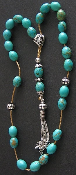 Greek Komboloi Worry Beads Teal with Gold Matrix Turquoise and Sterling Silver