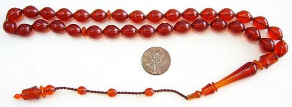 Handcrafted Turkish Amber Prayer Beads - Sufi Carving - Collectible Tesbih in Cognac Color