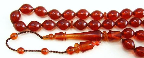 Handcrafted Turkish Amber Prayer Beads - Sufi Carving - Collectible Tesbih in Cognac Color