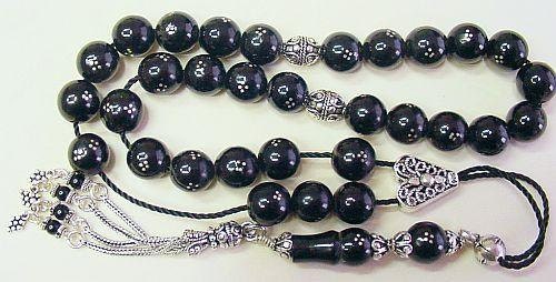 Greek Komboloi Sterling Studded and inlaid Jet ( OLTU) stone and Sterling Silver parts