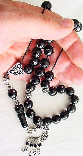 Greek Komboloi Sterling Studded and inlaid Jet ( OLTU) stone and Sterling Silver parts