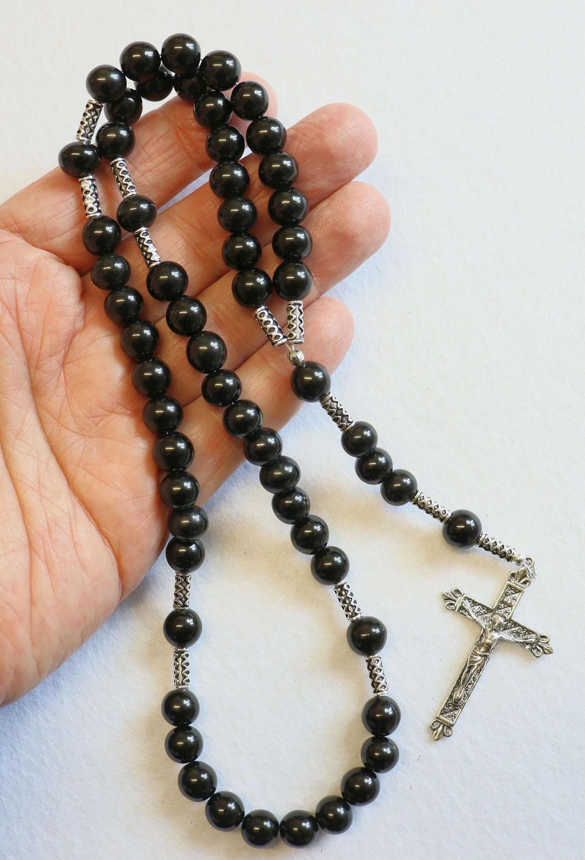 Catholic Rosary Prayer Beads all Black Genuine Jet Stones & Sterling Silver