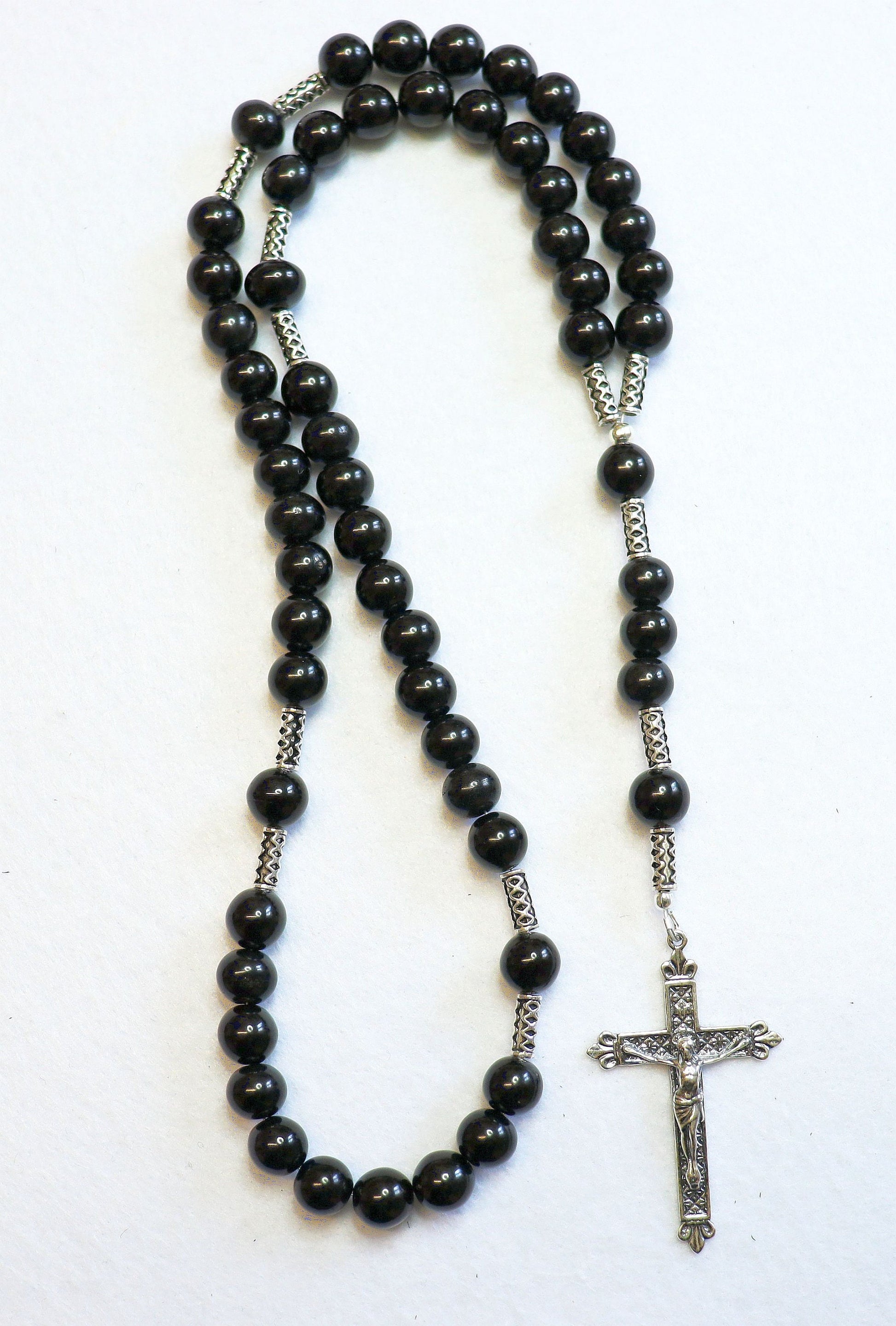 Catholic Rosary Prayer Beads all Black Genuine Jet Stones & Sterling Silver
