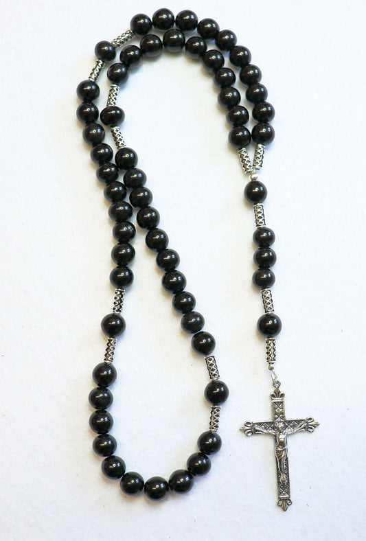 Catholic Rosary Prayer Beads all Black Genuine Jet Stones & Sterling Silver