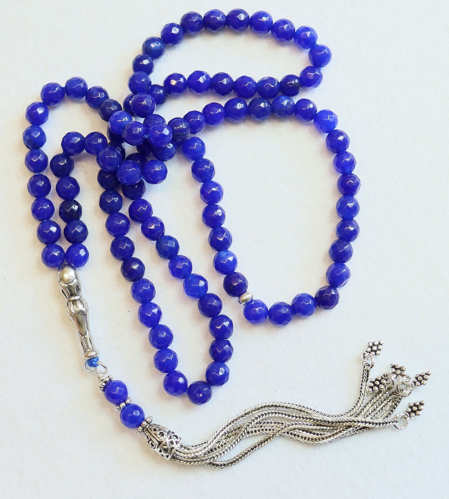 Islamic Prayer Beads Tesbih Rosary Gebetskette Genuine Faceted Sapphire & Sterling Silver-99 Beads - Zikr Tesbih