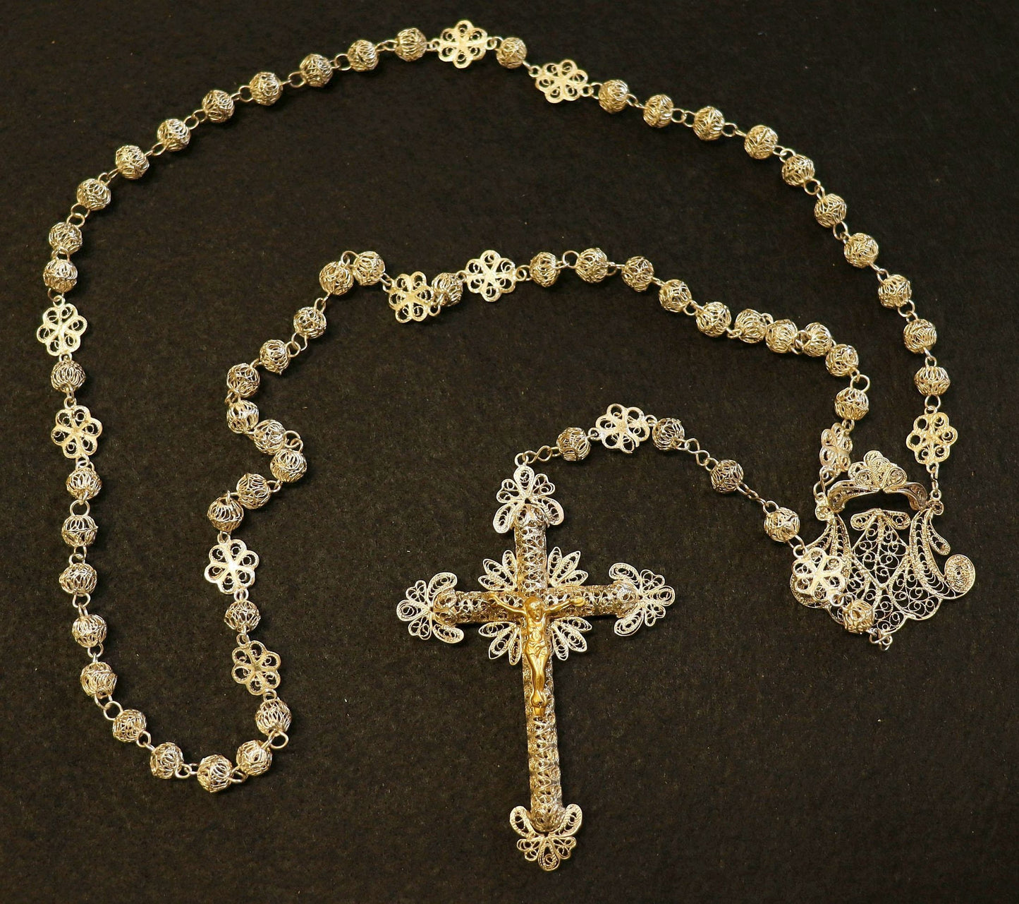 1920's. Sterling Silver and Vermeil Filigree Spanish Catholic Rosary - Collector's