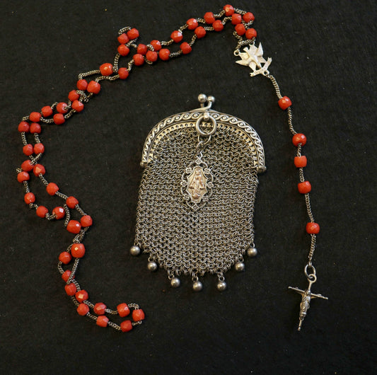 Vintage Sardinian Coral & Sterling Catholic Rosary in Sterling Mesh Purse with Silver Gold Medal- all Art Nouveau