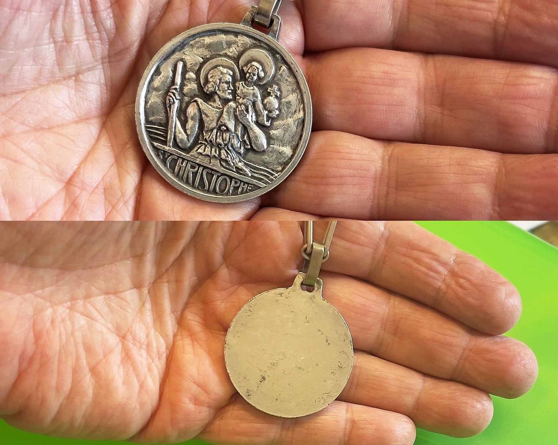 St Christopher Large Sterling French Medal w Original Design Sterling Chain 1930's