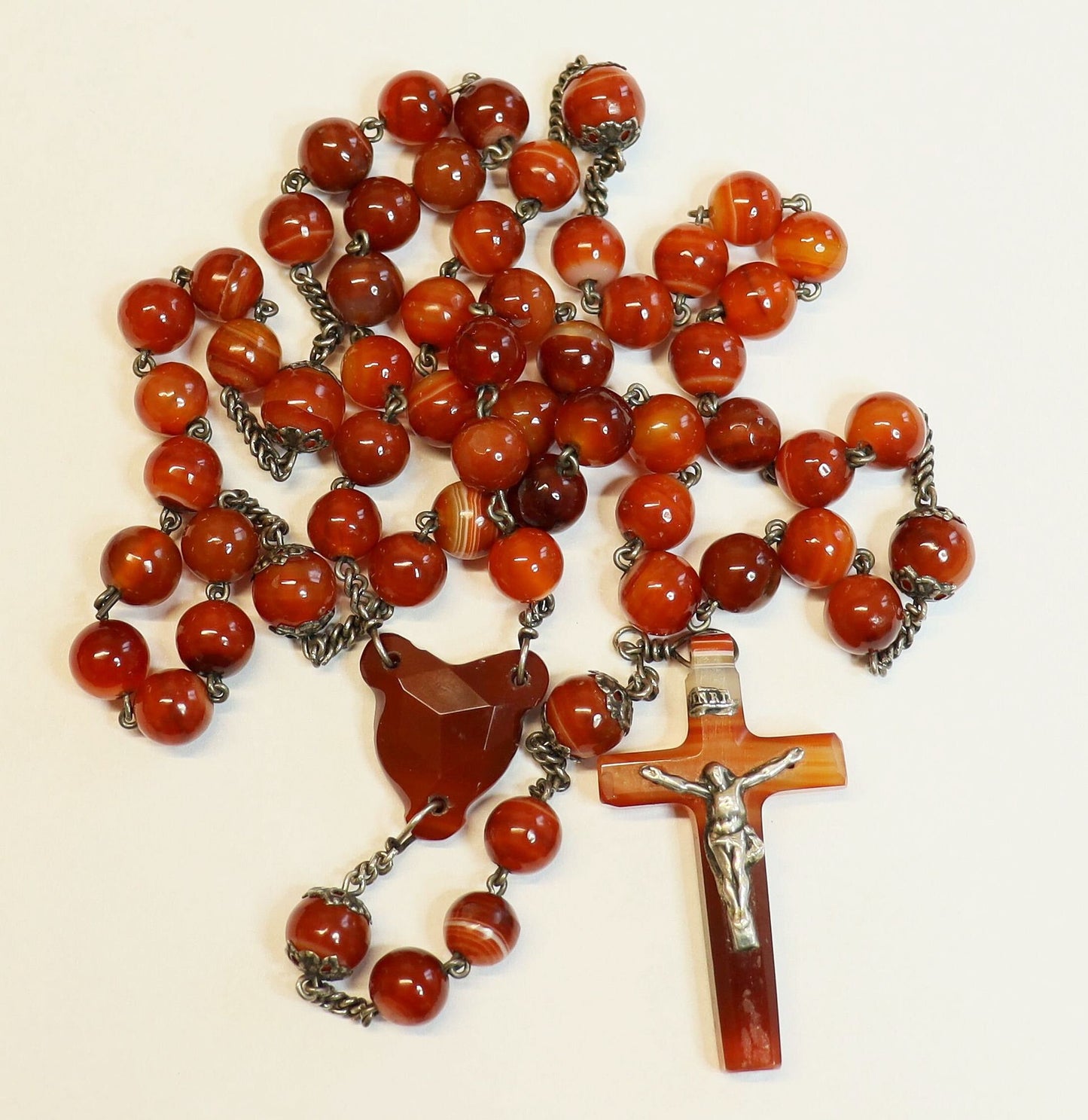 Early 20th Century Carnelian and Sterling Silver Catholic Rosary with Carnelian Center and Crucifix - Rare Collector's item