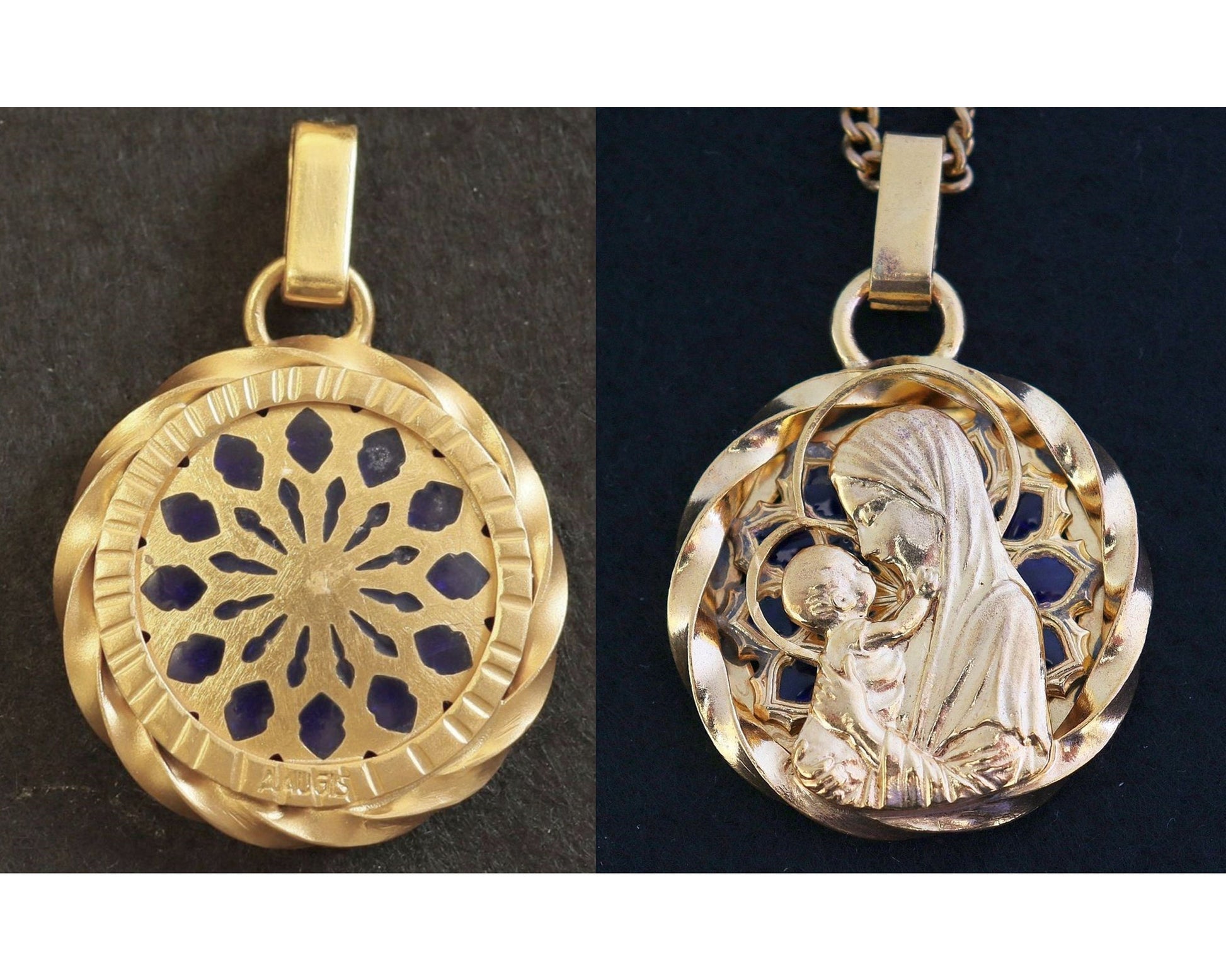 Plique-à-Jour Vintage Gold Plated V. Large Mary & Jesus Pendant w Chain by Augis