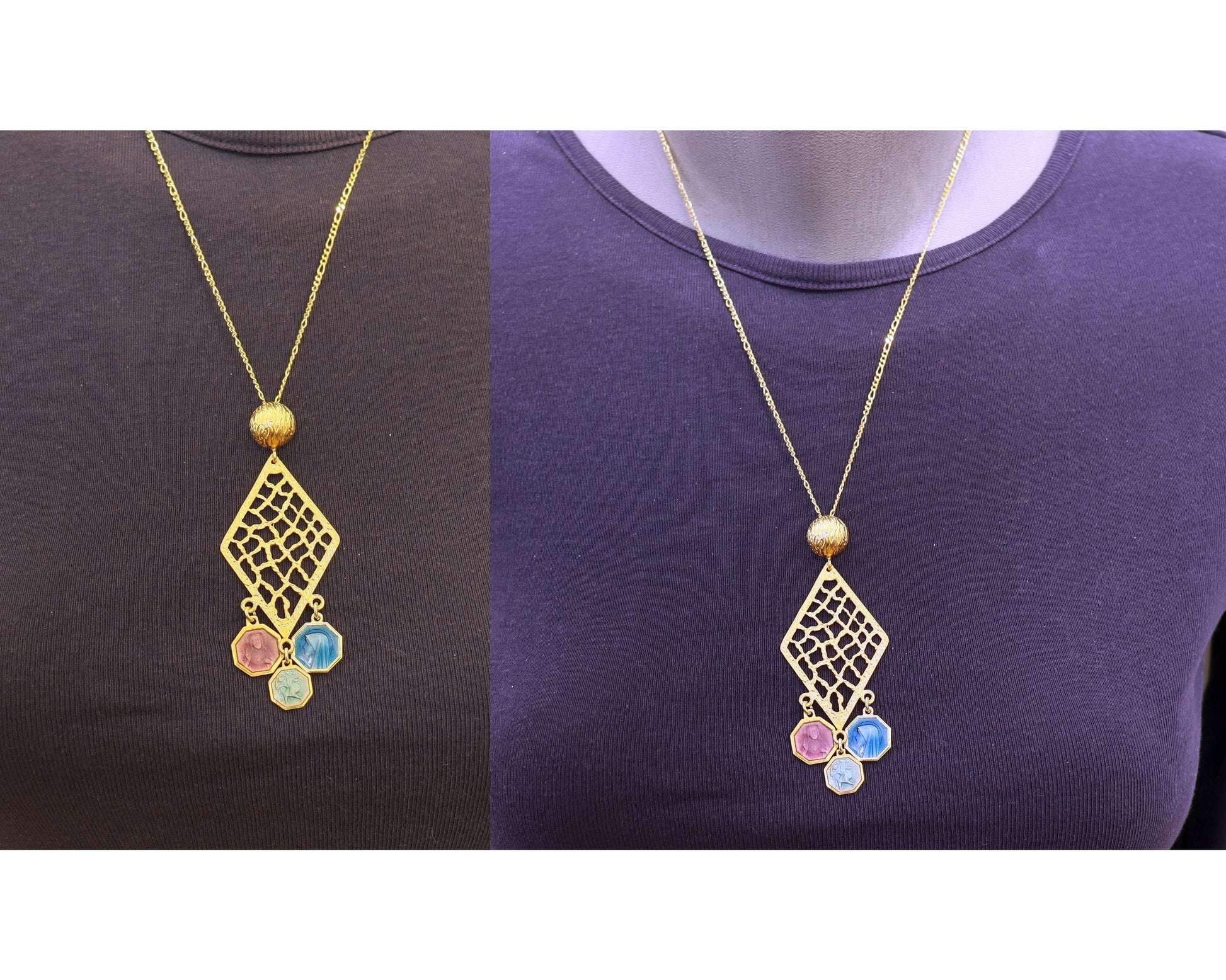 Vermeil Chandelier Pendant with 3 Vintage Rare Religious Enameled Medals - Chain Optional