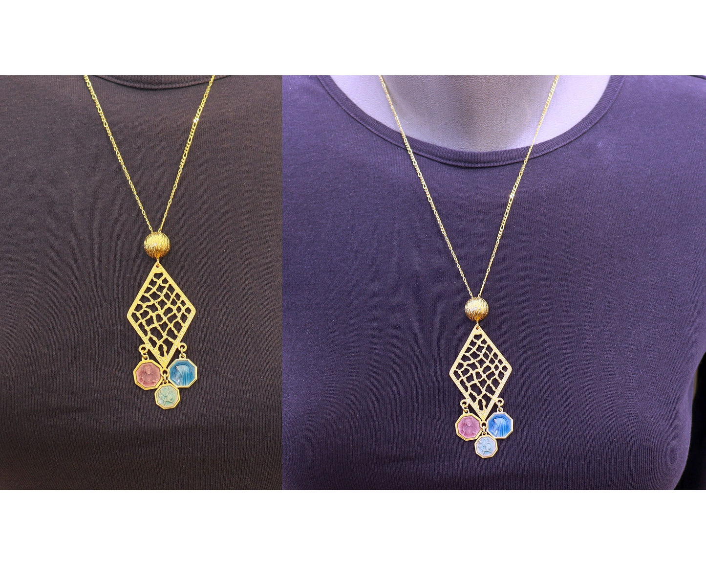 Vermeil Chandelier Pendant with 3 Vintage Rare Religious Enameled Medals - Chain Optional