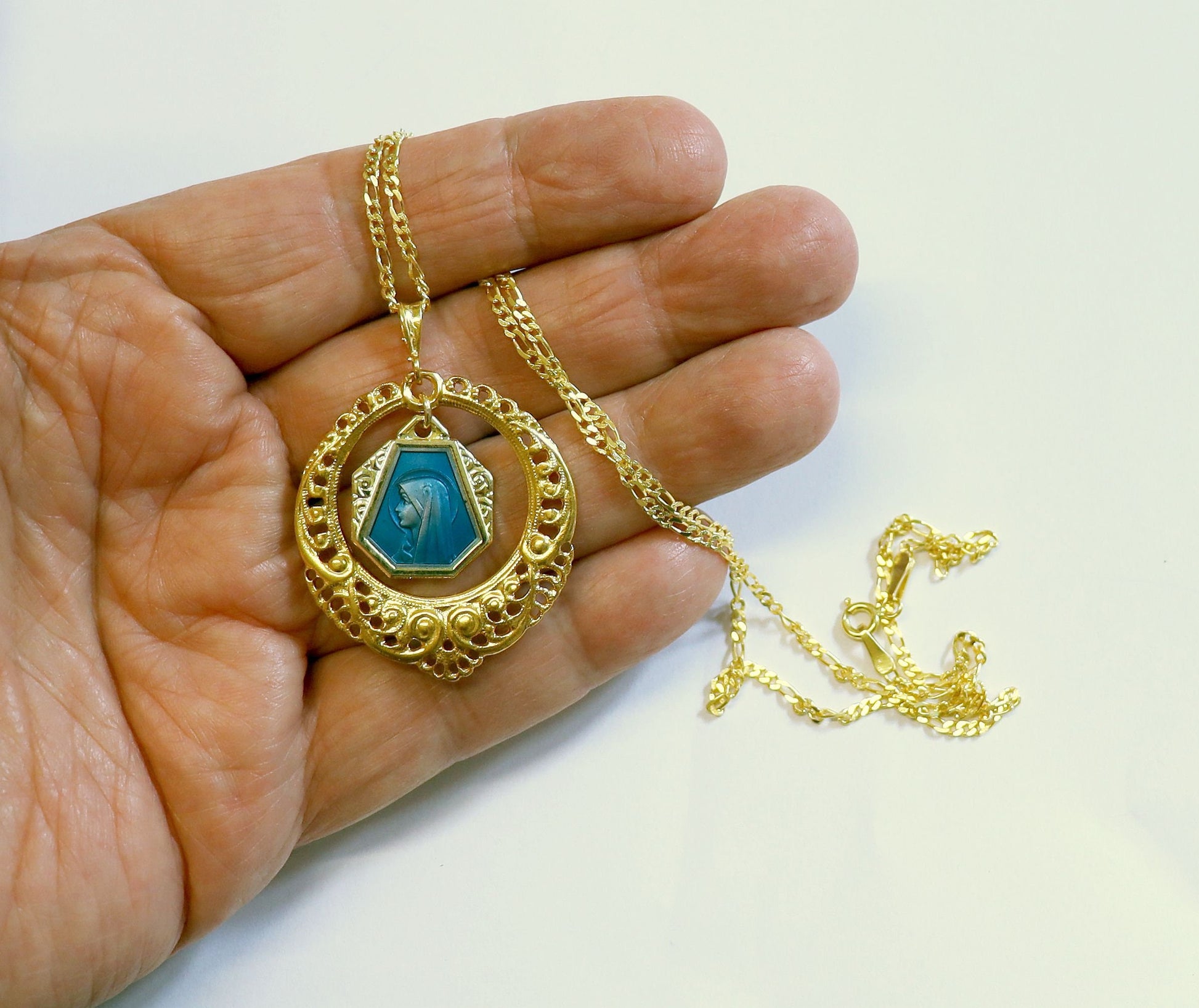 Virgin Mary Blue Enamel Vintage Pendant Medal in Vermeil open Work Frame with Vermeil Chain