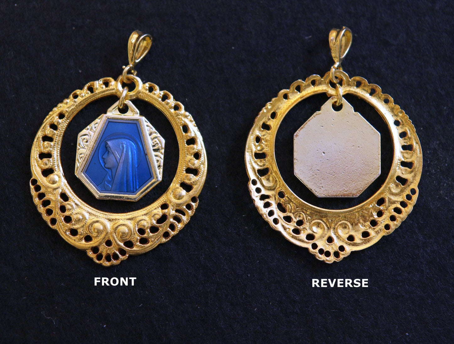 Virgin Mary Blue Enamel Vintage Pendant Medal in Vermeil open Work Frame with Vermeil Chain