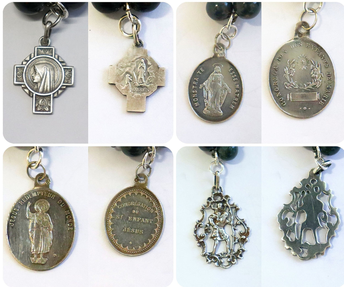 Vintage Bloodstone-- Heliotrope - and Sterling Silver Exceptional Catholic Rosary ca. 1925 w 7 Rare Medals ca. 1870-1920 – French - XXXR
