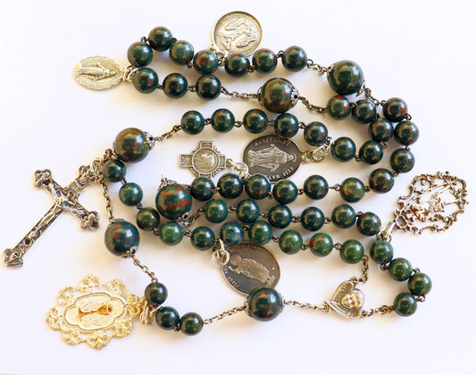 Vintage Bloodstone-- Heliotrope - and Sterling Silver Exceptional Catholic Rosary ca. 1925 w 7 Rare Medals ca. 1870-1920 – French - XXXR