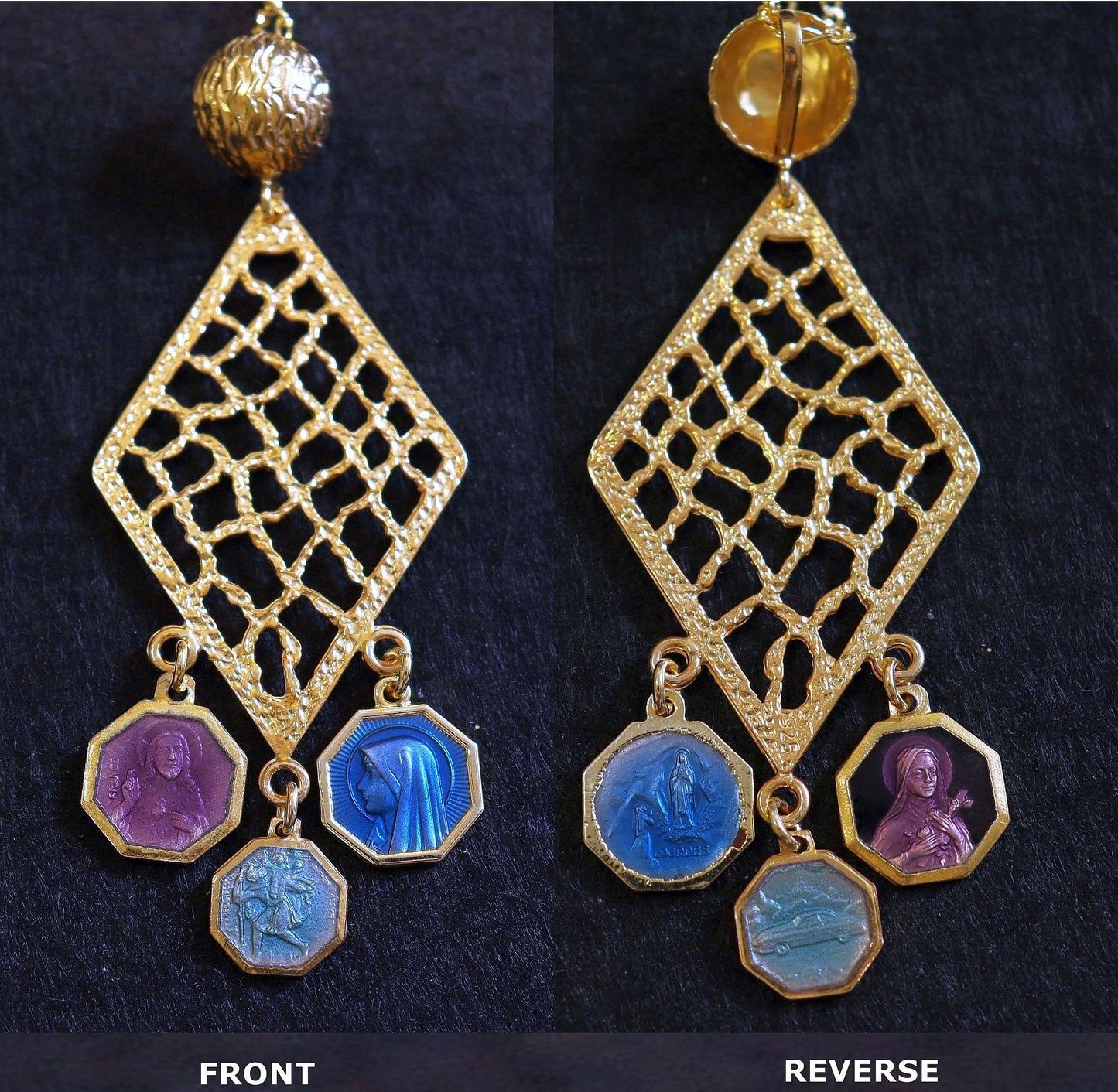 Vermeil Chandelier Pendant with 3 Vintage Rare Religious Enameled Medals - Chain Optional