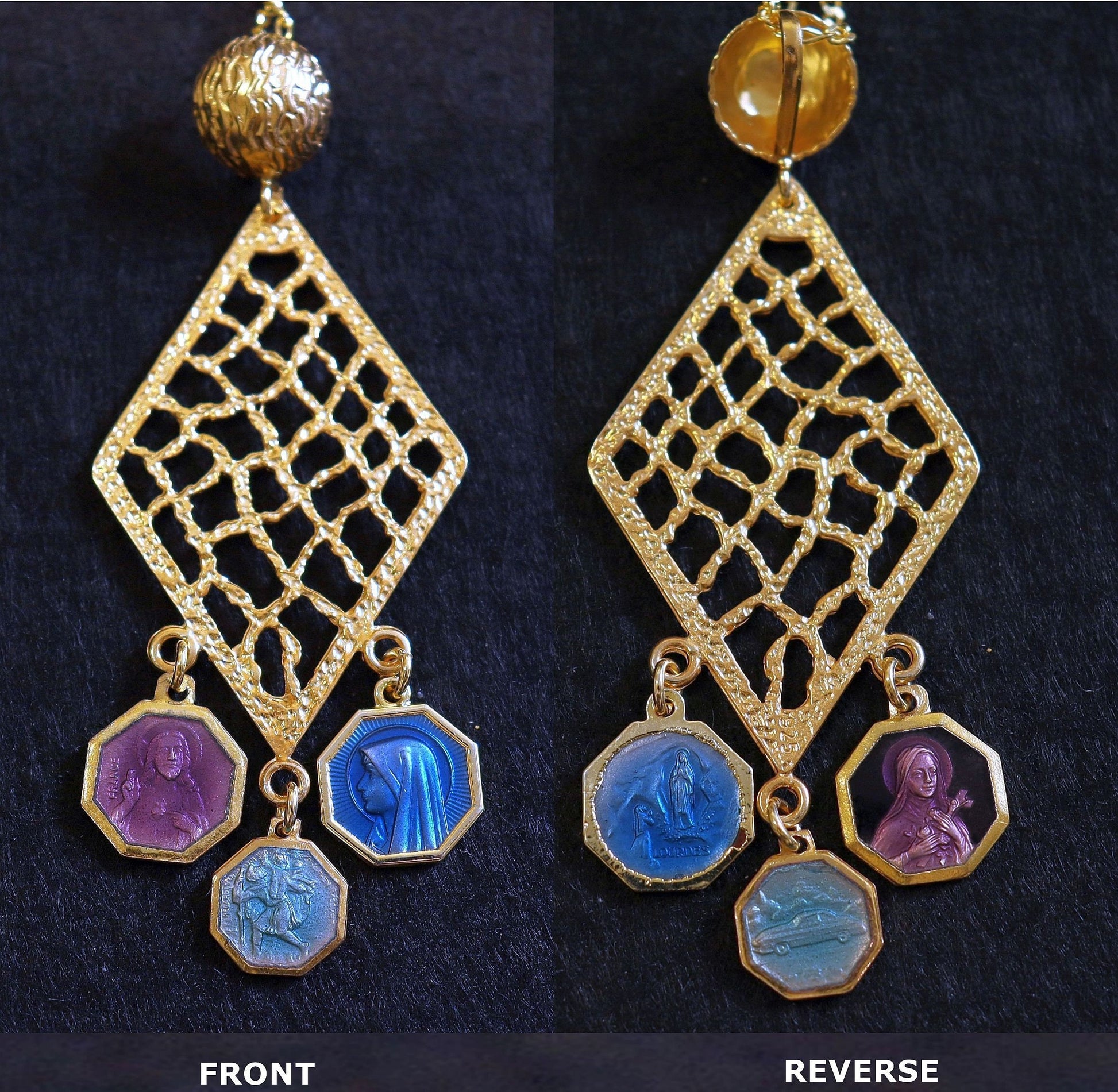 Vermeil Chandelier Pendant with 3 Vintage Rare Religious Enameled Medals - Chain Optional