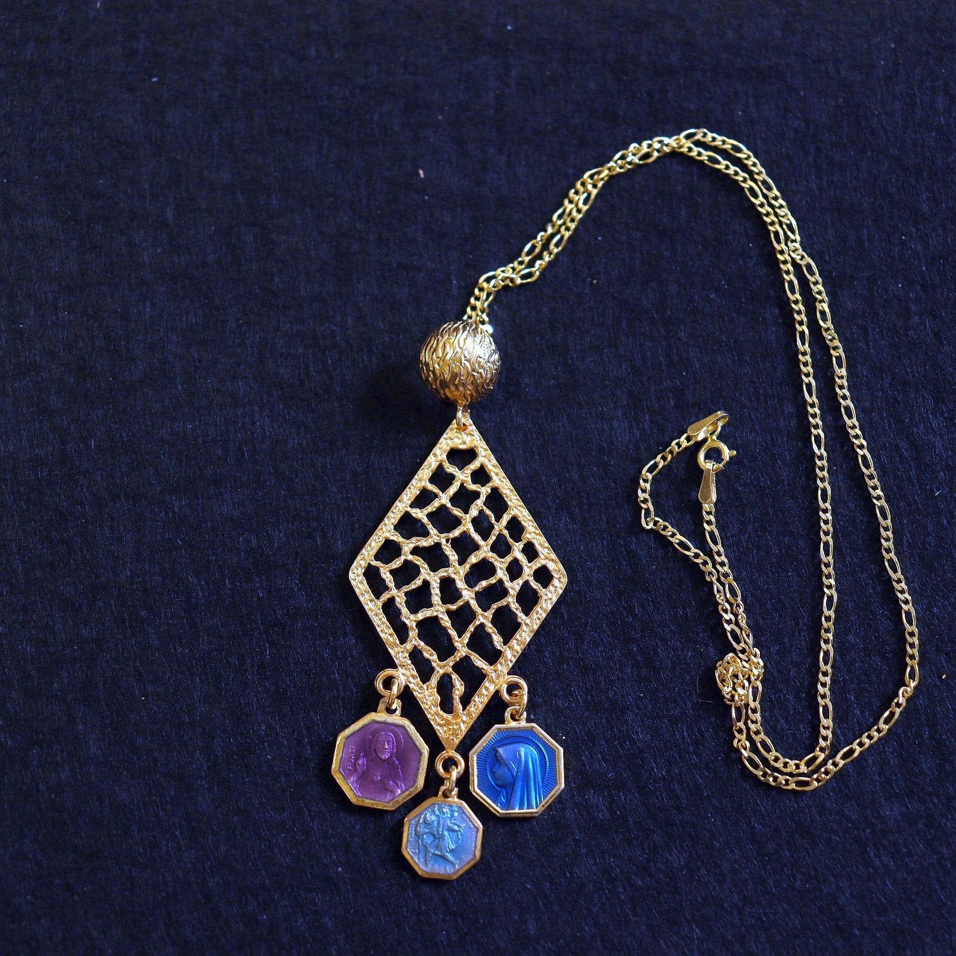 Vermeil Chandelier Pendant with 3 Vintage Rare Religious Enameled Medals - Chain Optional