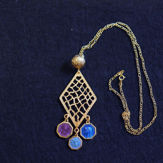 Vermeil Chandelier Pendant with 3 Vintage Rare Religious Enameled Medals - Chain Optional