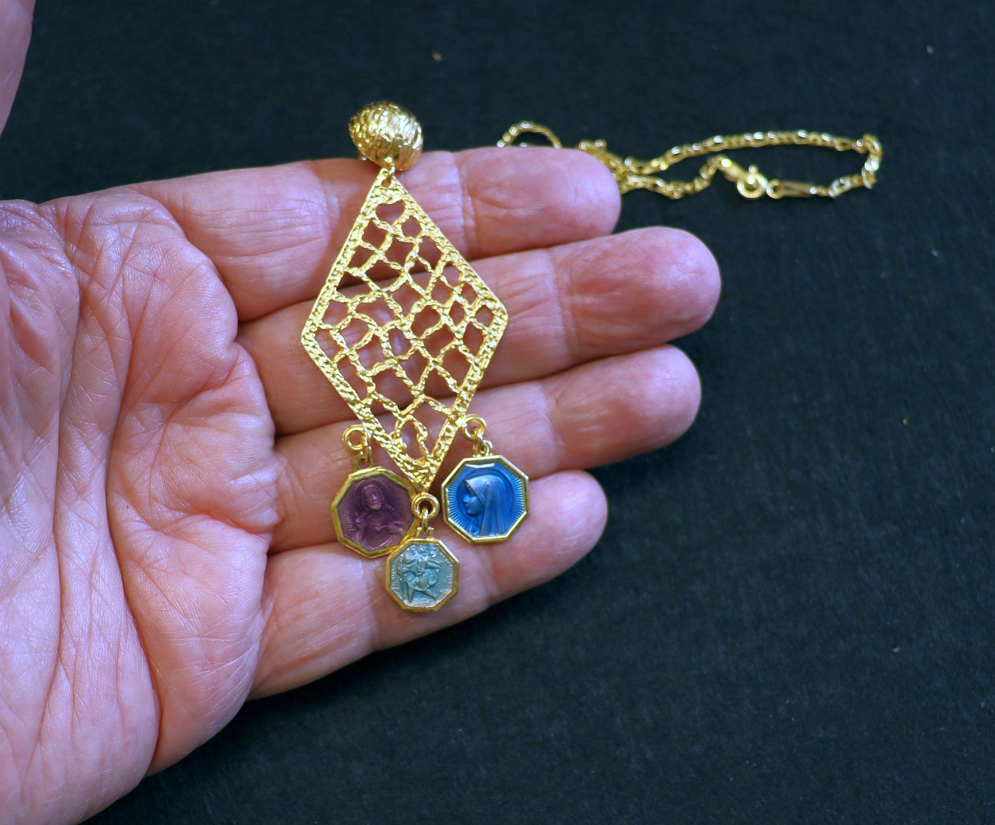 Vermeil Chandelier Pendant with 3 Vintage Rare Religious Enameled Medals - Chain Optional