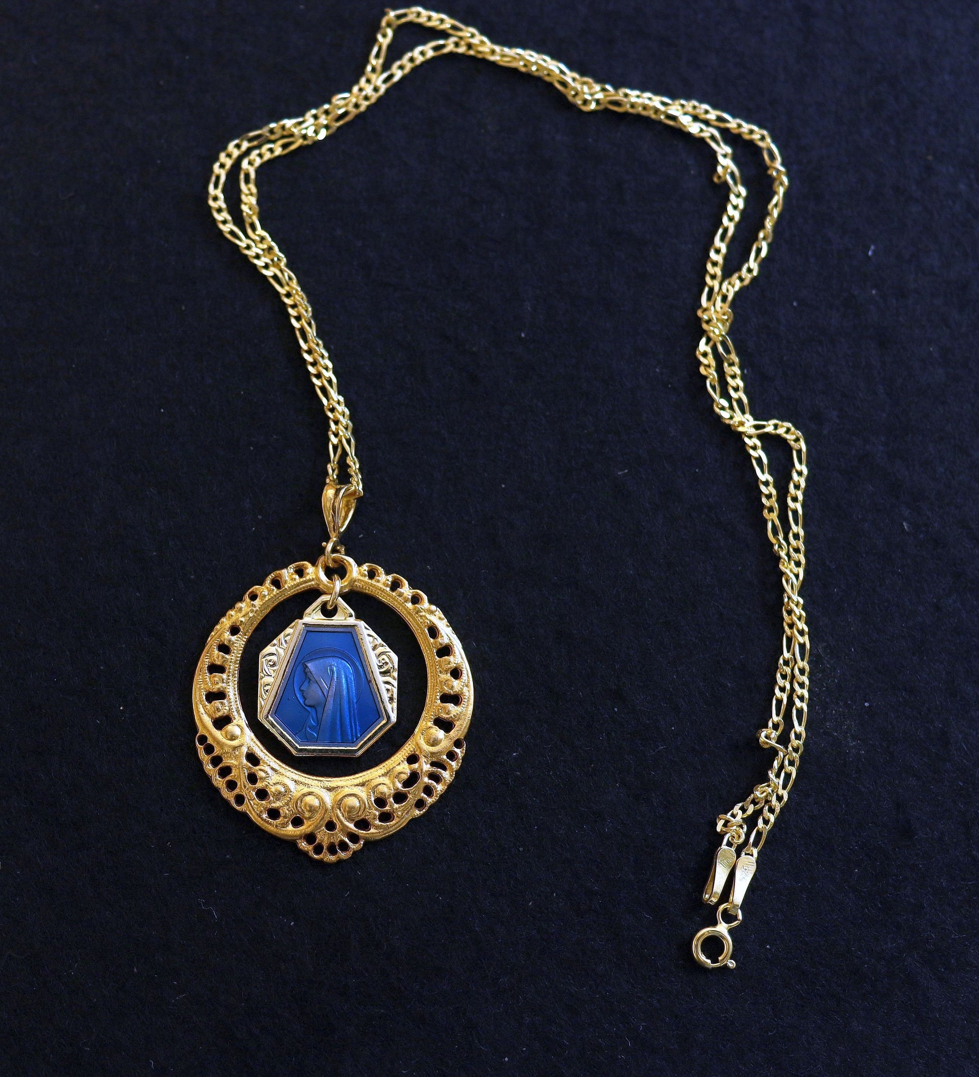 Vintage Vermeil Virgin Mary Medal Pendant: Blue Enamel Openwork Frame